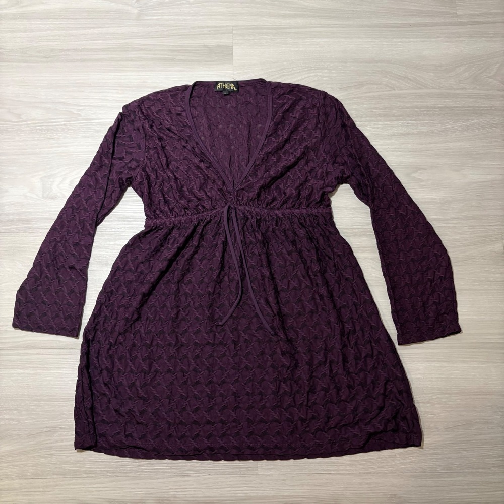 Athena Women Mini Dress Purple Textured Long Sleeve V-Neck Drawstring Size M